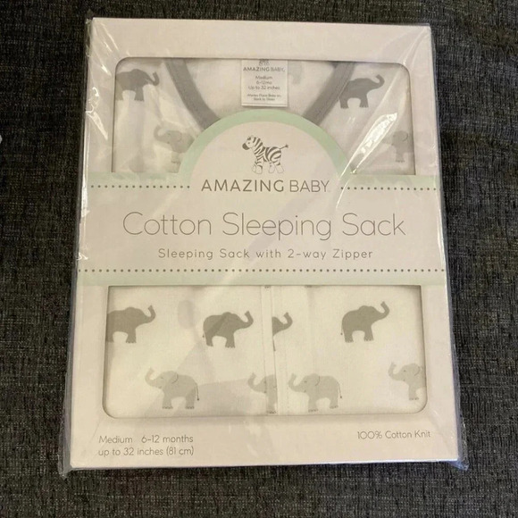 Amazing Baby Cotton Sleeping Sack, Tiny Elephants, Sterling, Medium 6-12 months - Picture 4 of 5